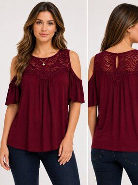 Luxology Womens Size L Burgundy Cold Shoulder Lace Crochet Yoke Blouse Top
